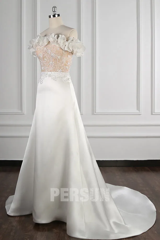 Andréa : Robe de mariée encolure bardot froufrou en satin Ligne A