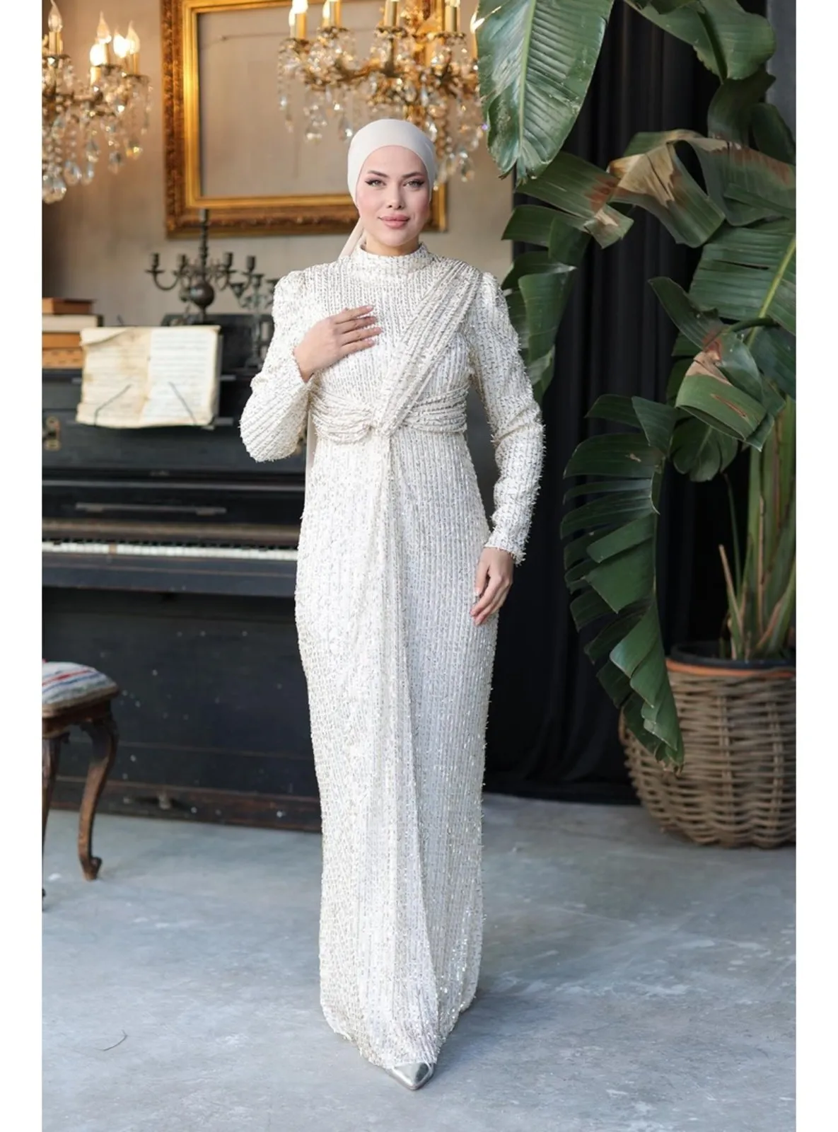 Beige - Modest Evening Dress