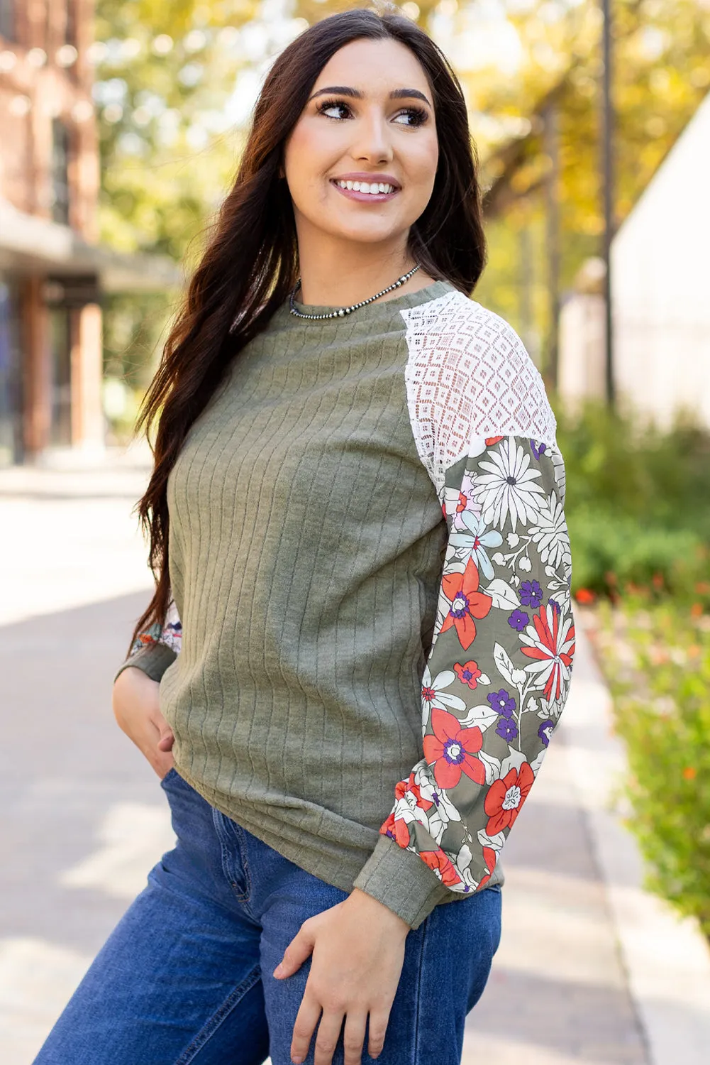 Blouse ctelée à manches longues et patchwork floral Laurel Green