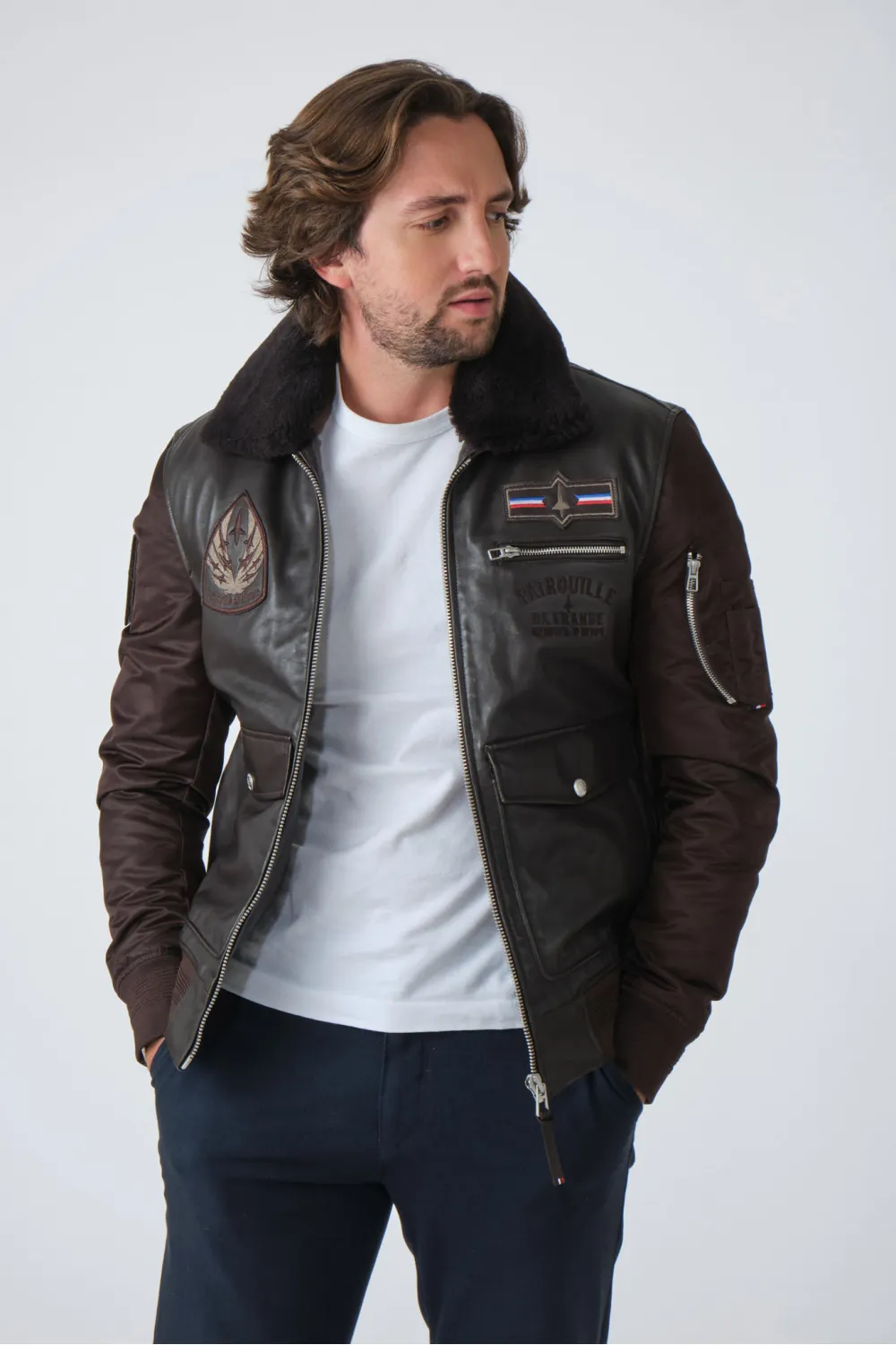 Flight jacket bimatière cuir/tissus marron, Patrouille de France - Redskins - MAJOR AVIAN Brown | Cesare Nori