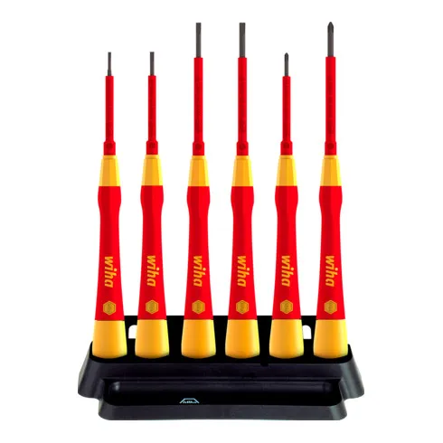 Jeu de tournevis fins Wiha PicoFinish electric à fente, Phillips 6 pces avec support