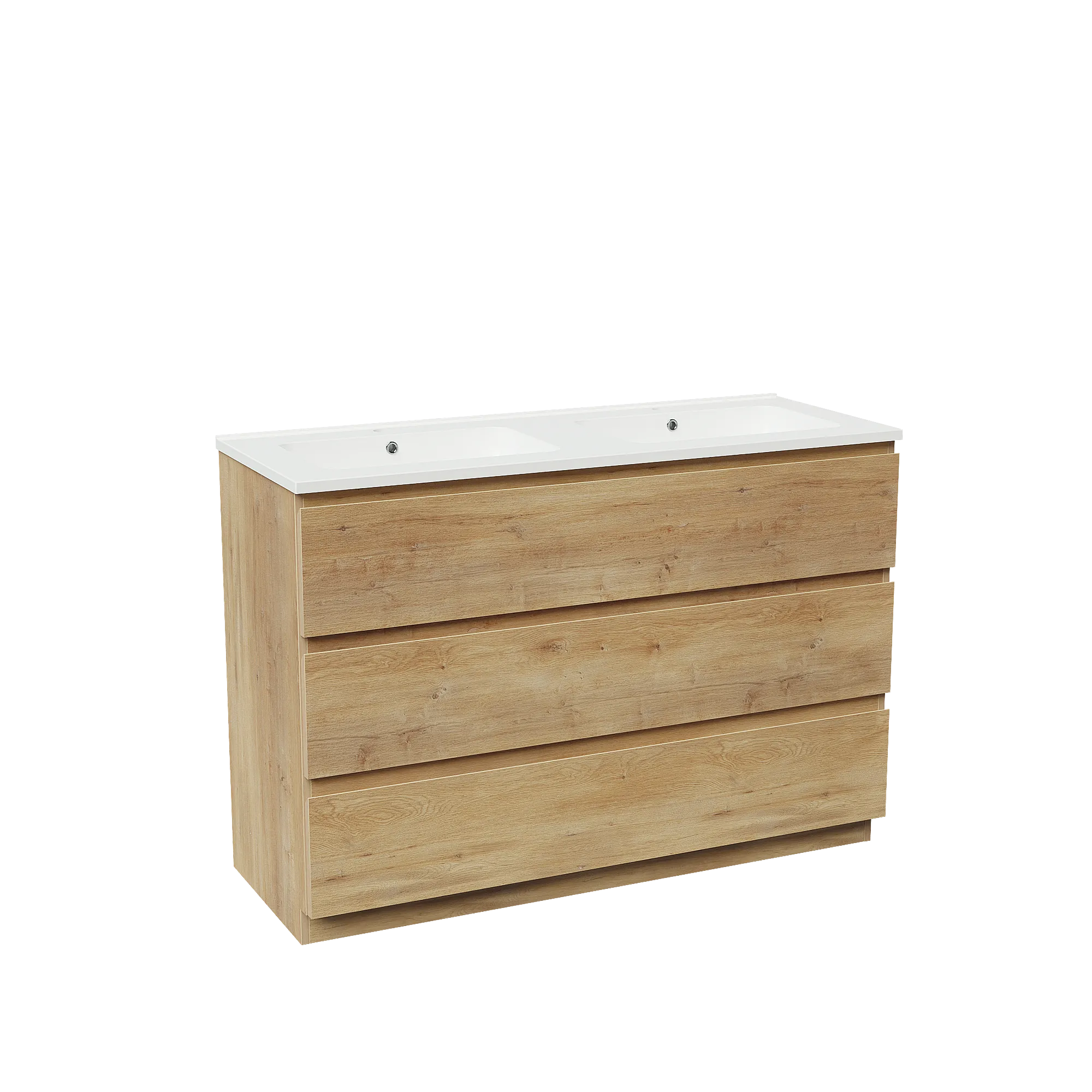 Linie Lado meuble salle de bains à poser 120 x 46 cm chêne naturel avec Vano double vasque en marbre composite blanc brillant