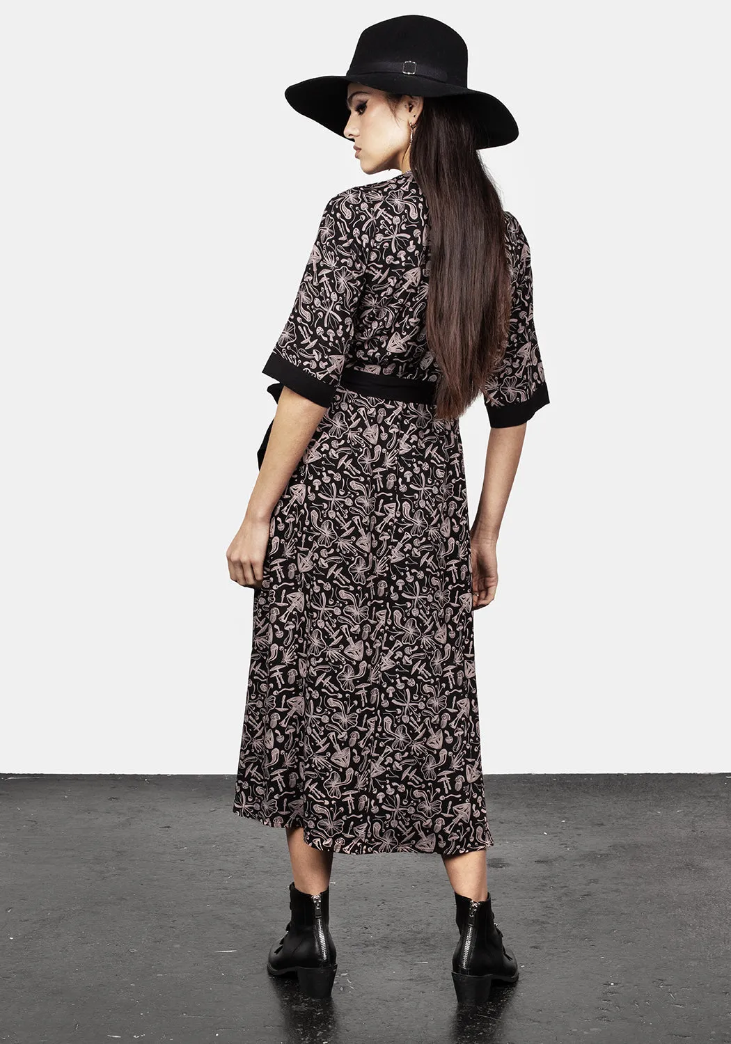 Mycophile Mushroom Print Wrap Midi Dress