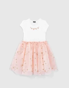 Robe bicolore bi-matière tulle brodé fille