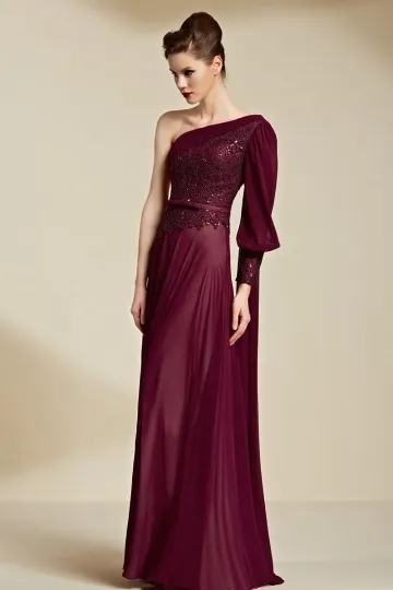 Robe bordeaux découpé vintage asymétrique colonne à manche haut appliquée de dentelle