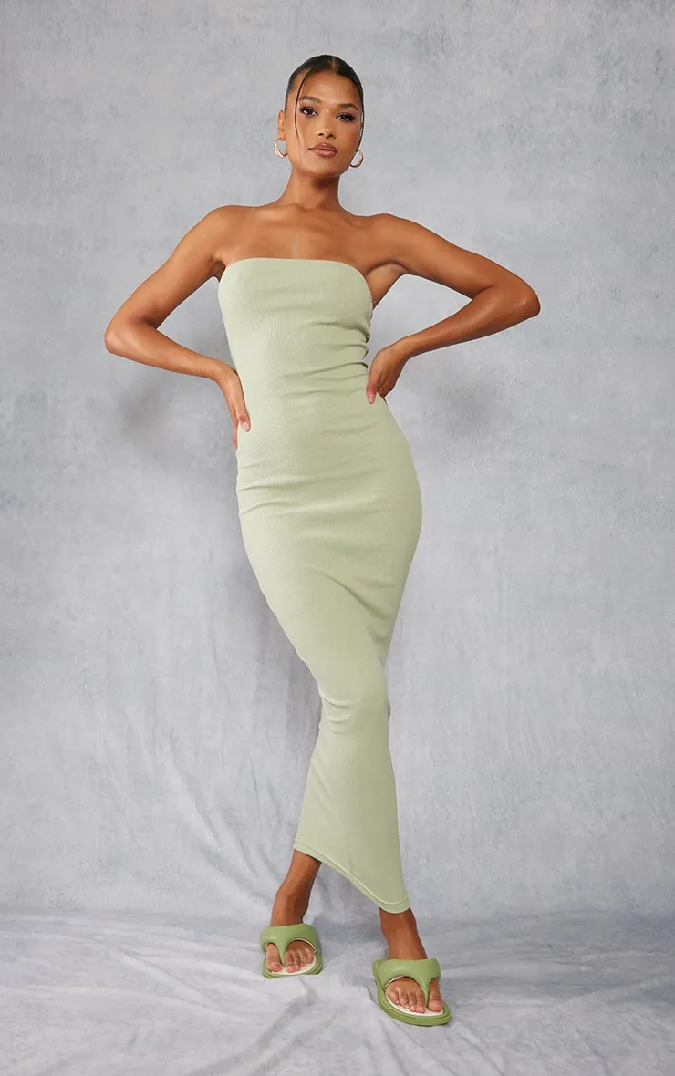 Robe bustier mi-longue côtelée vert sauge kaki