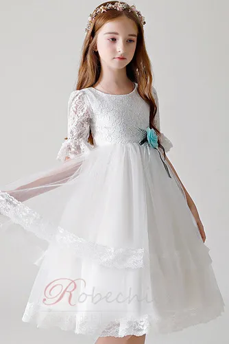 Robe Cortège Fille Elégant Tissu Dentelle Longueur Cheville Naturel taille