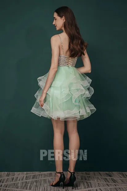 Robe de soirée courte vert eau à jupe volants effet fantaisie
