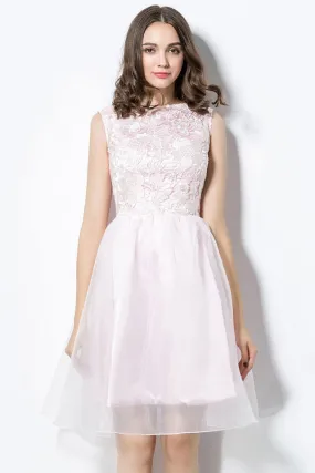 Robe rose pâle haut en dentelle & jupe évasée encolure bateau