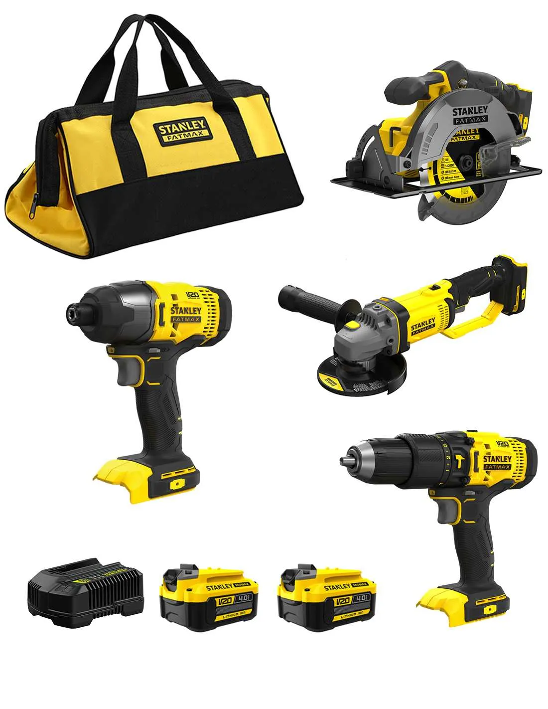 STANLEY FatMax Kit SFMCK469M2 (SFMCD711 + SFMCF800 + SFMCG400 + SFMCS500 + 2 x 4,0 Ah + Chargeur + Sac de transport XL)